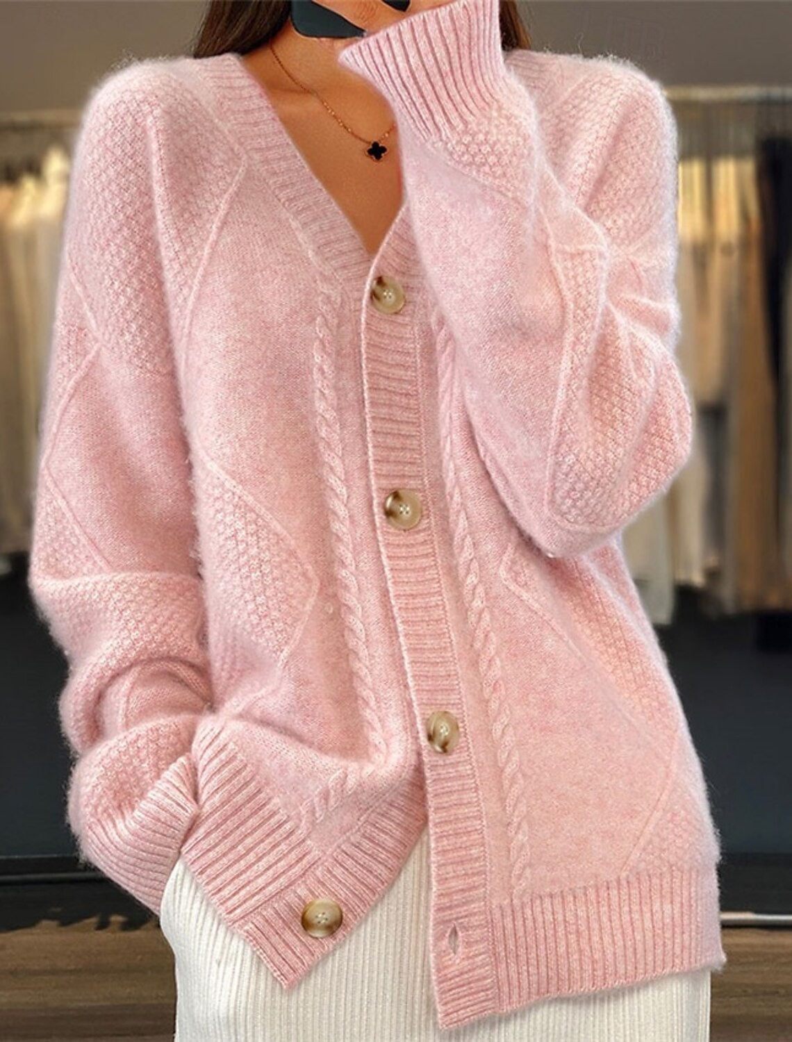 Women V Neck Cable Knit Cardig - Down Jacket Packable avis et prix
