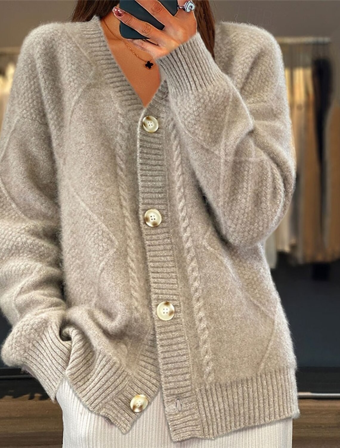 Women V Neck Cable Knit Cardig - Down Jacket Packable avis et prix