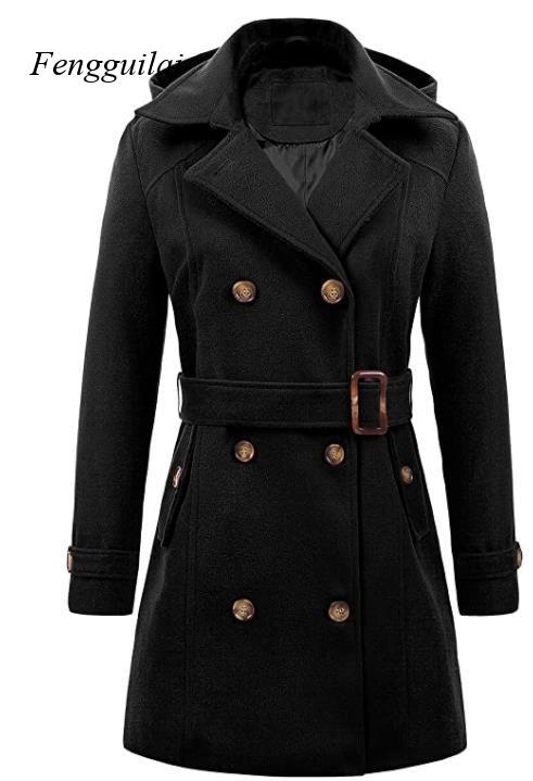 Women's Black Hooded Double Br - Wool Coat Peacoat avis et prix