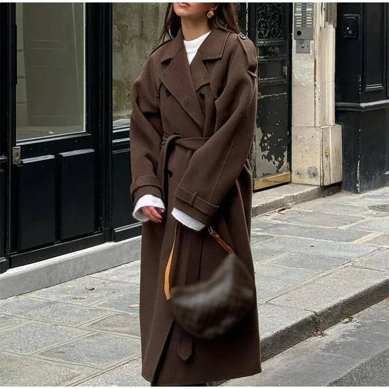 Elegant Grey Belt Long Faux Wo - Wool Coat Peacoat avis et prix