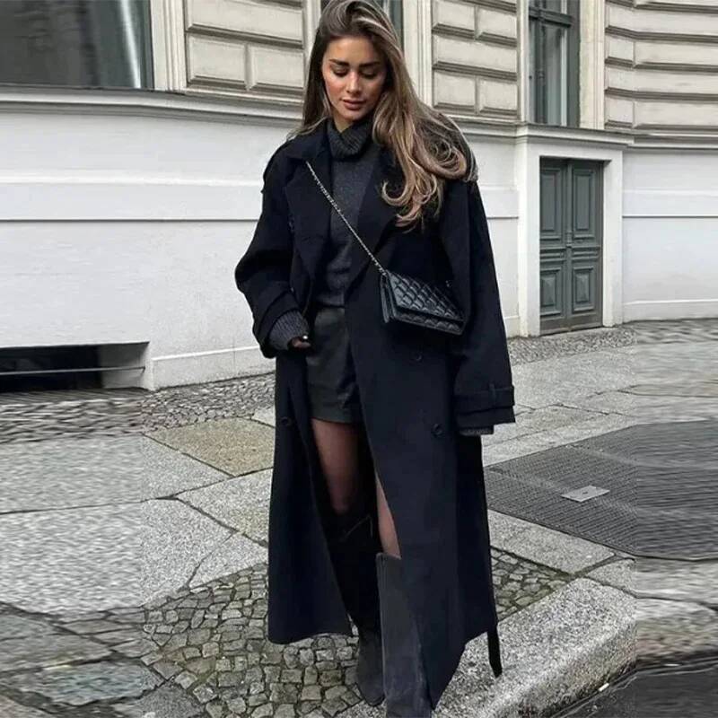 Elegant Grey Belt Long Faux Wo - Wool Coat Peacoat avis et prix