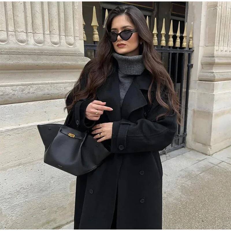 Elegant Grey Belt Long Faux Wo - Wool Coat Peacoat avis et prix