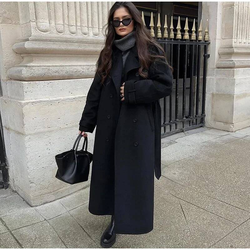 Elegant Grey Belt Long Faux Wo - Wool Coat Peacoat avis et prix